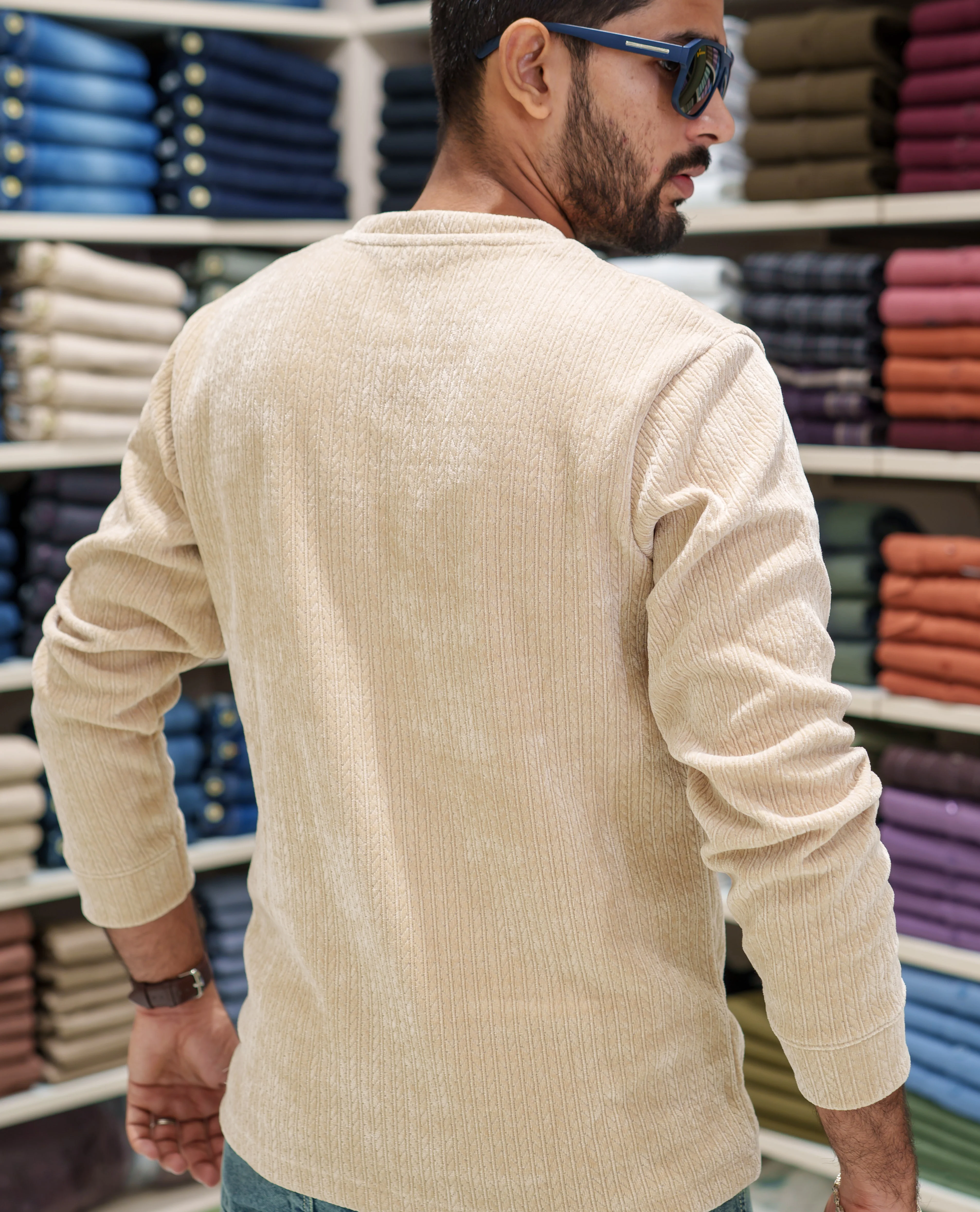 Cream Corduroy T-Shirt, Comes with Geometric Textures, a Crew-Neck, Full Sleeves, Slim Fit, and Regular Length - Image 5