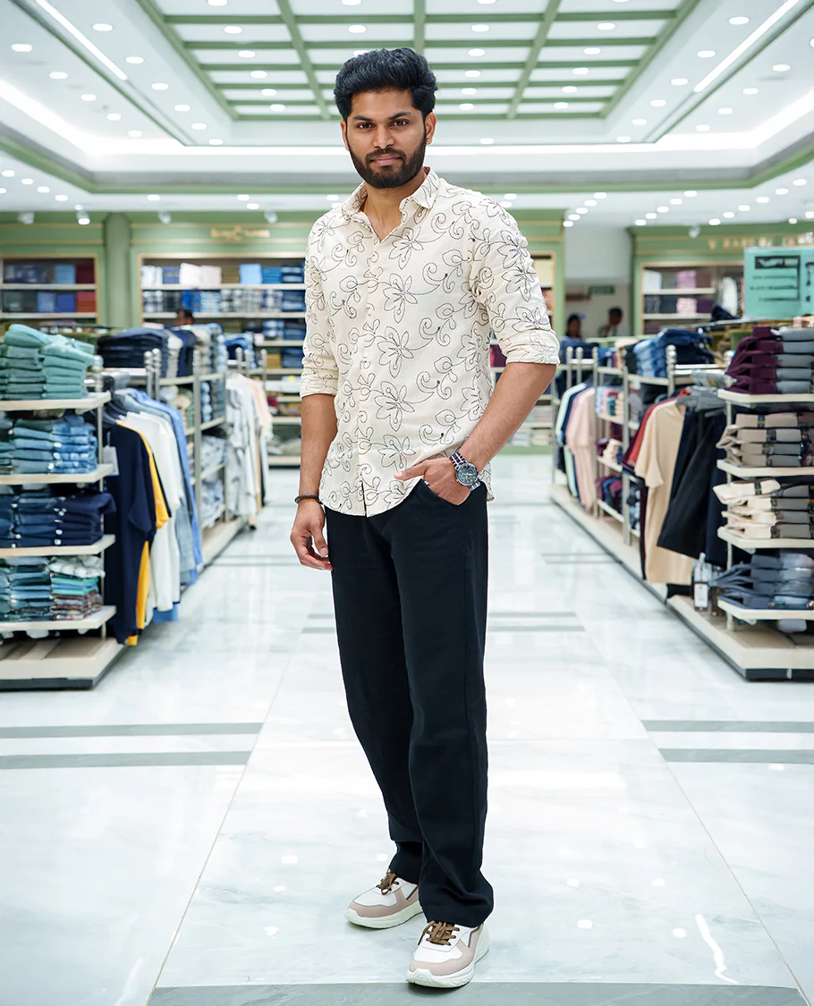 Cream Cotton-Blended Casual Shirt, Adorned with Floral-Vine Thread Embroidery, Featuring a Spread Collar, Full Sleeves, Slim Fit, and Regular Length - Image 2