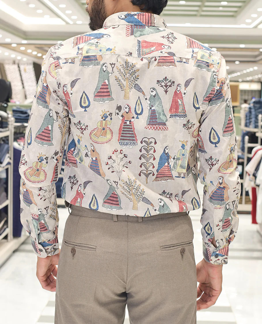 Cream Cotton Blended Casual Shirt, Artfully Designed with Human Motifs Print, Comes with a Spread Collar, Full Sleeves, Slim Fit, and Regular Length - Image 4