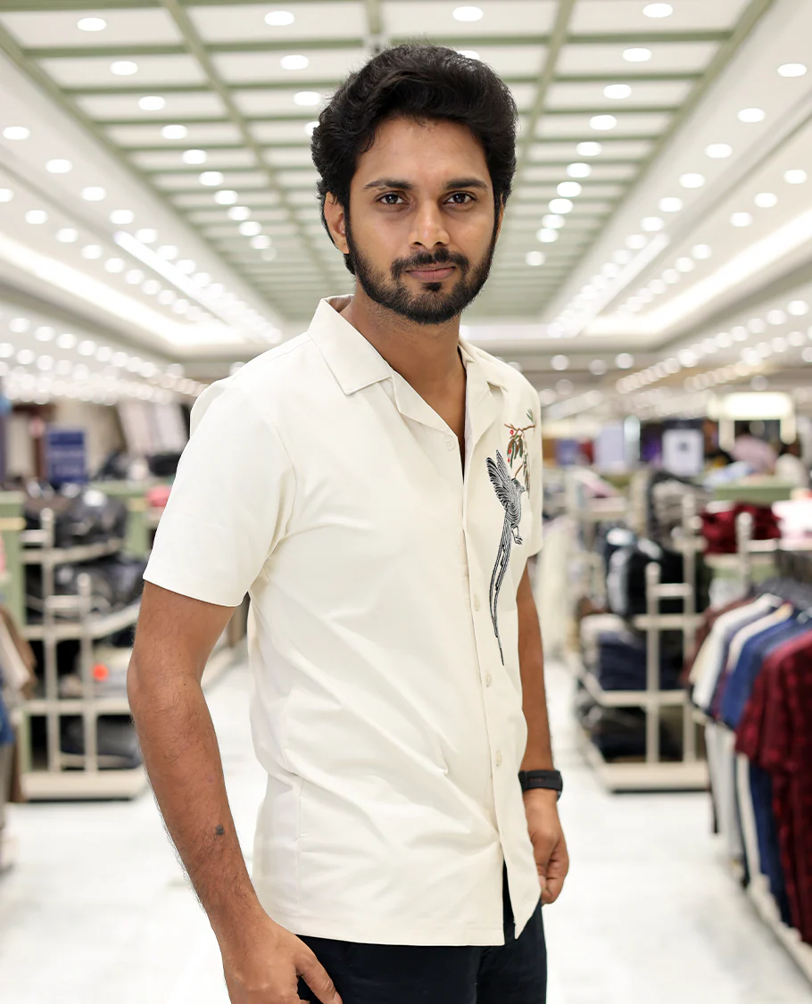 Cream Cotton-Blended Casual Shirt Comes with Humming Bird Motifs, Knitted Embroidery, Cuban Collar, Half Sleeves, Boxy Fit, and Regular Length - Image 3