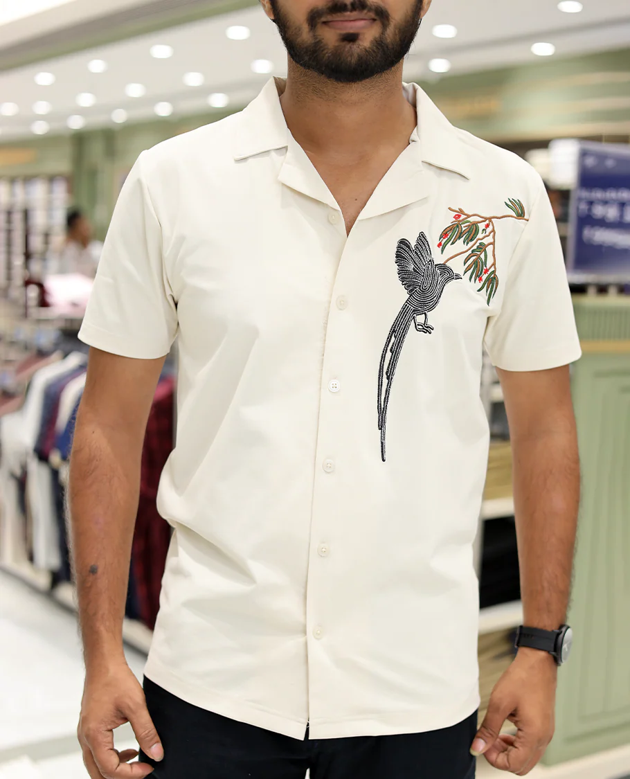 Cream Cotton-Blended Casual Shirt Comes with Humming Bird Motifs, Knitted Embroidery, Cuban Collar, Half Sleeves, Boxy Fit, and Regular Length - Image 5