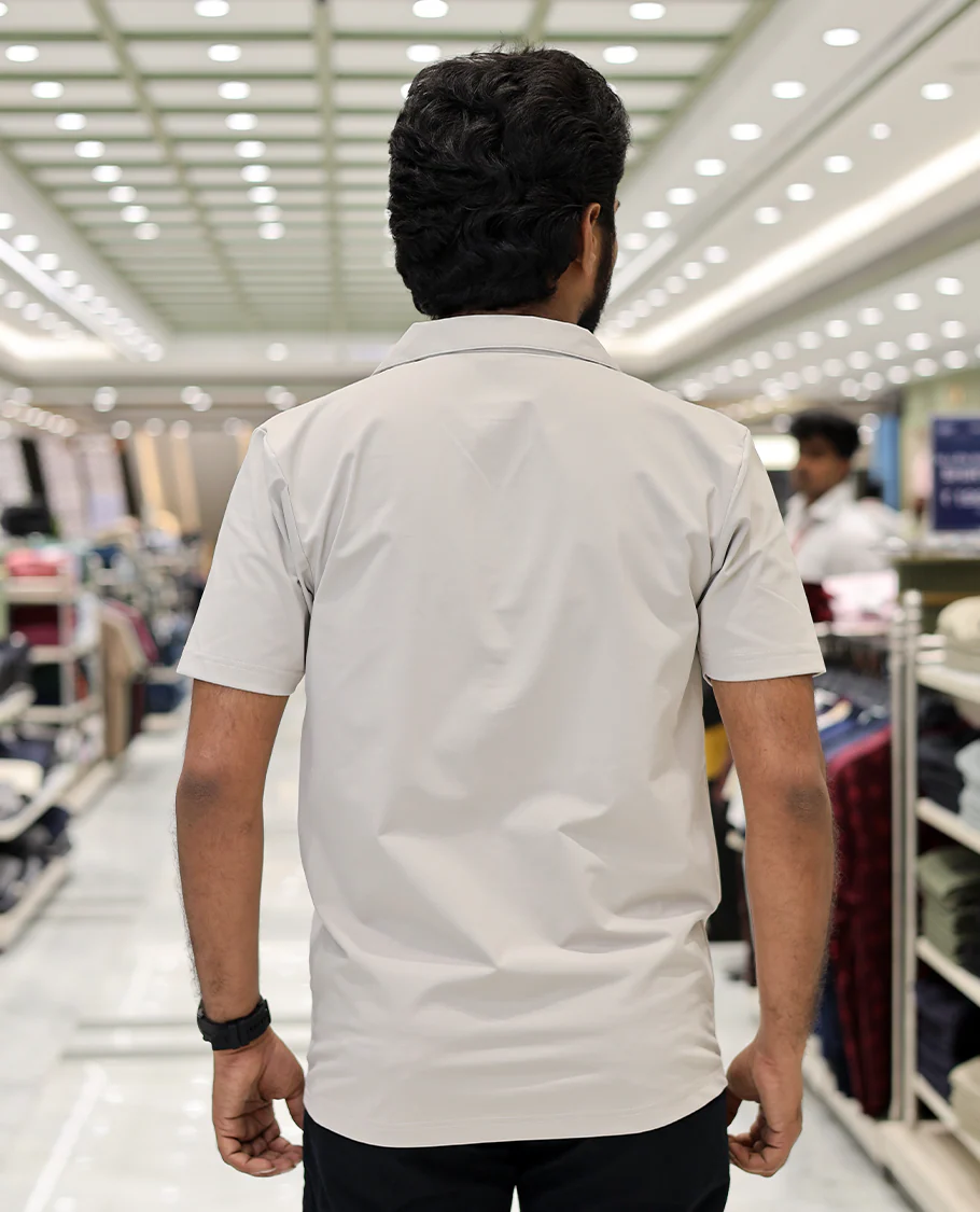 Cream Cotton-Blended Casual Shirt Comes with Leaf Motifs Outline Knitted Embroidery, Cuban Collar, Half Sleeves, Boxy Fit, and Regular Length - Image 4