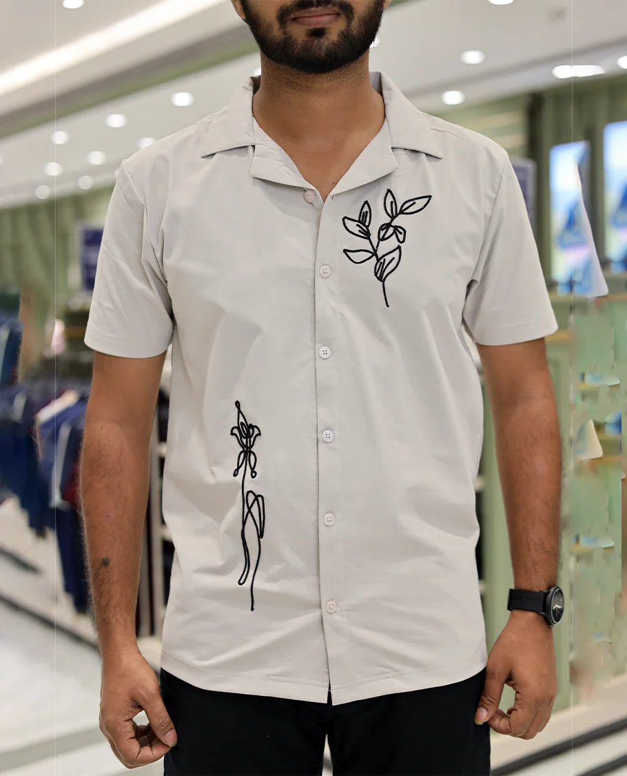 Cream Cotton-Blended Casual Shirt Comes with Leaf Motifs Outline Knitted Embroidery, Cuban Collar, Half Sleeves, Boxy Fit, and Regular Length - Image 5