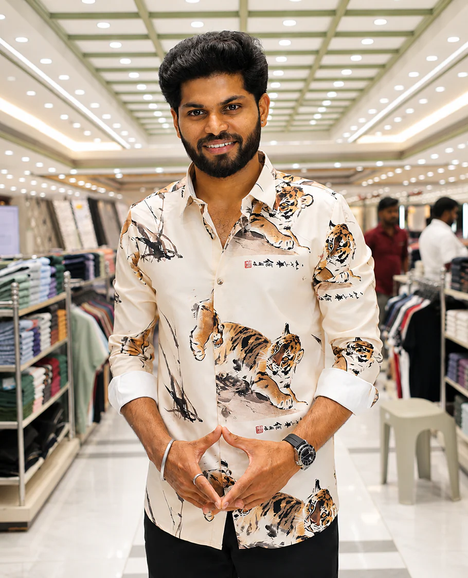 Cream Cotton-Blended Casual Shirt, Creatively Designed with a Tiger Motif Print, Featuring a Spread Collar, Full Sleeves, Slim Fit, and Regular Length - Image 2