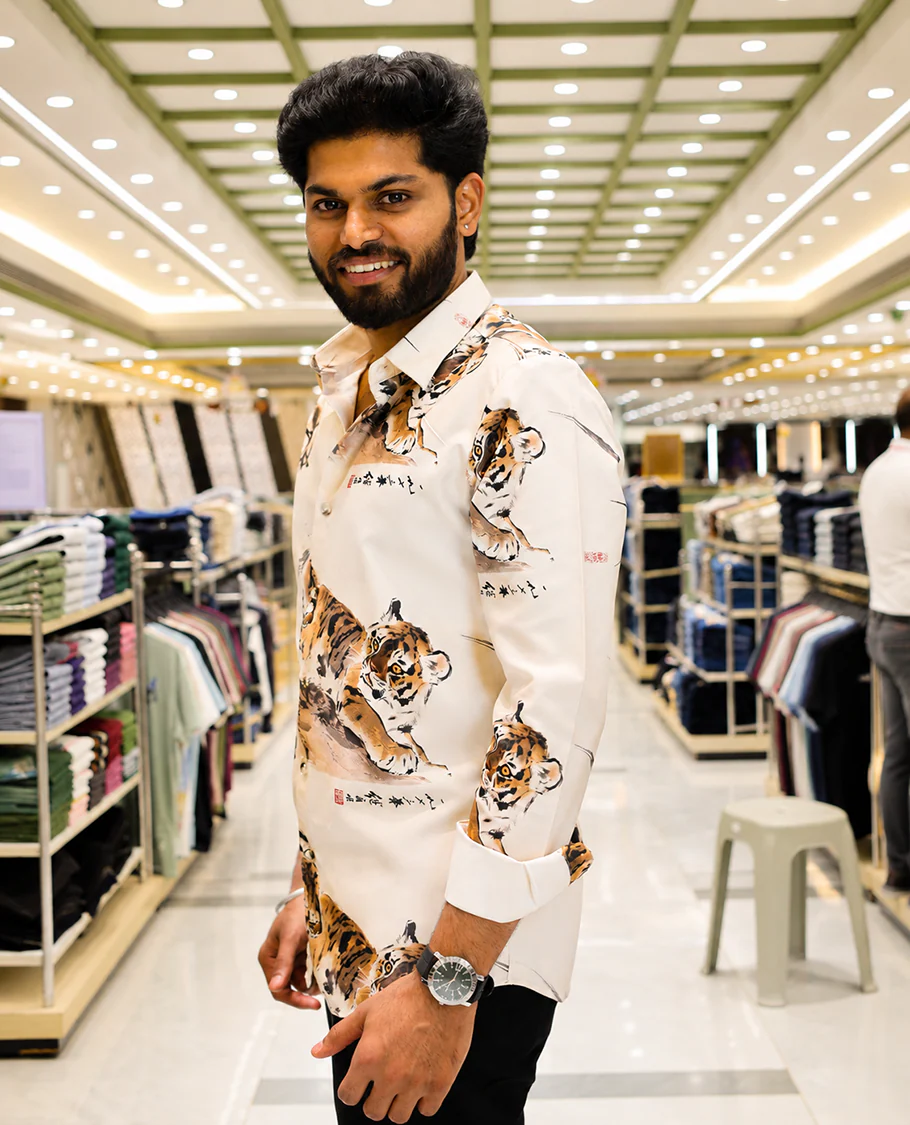 Cream Cotton-Blended Casual Shirt, Creatively Designed with a Tiger Motif Print, Featuring a Spread Collar, Full Sleeves, Slim Fit, and Regular Length - Image 3
