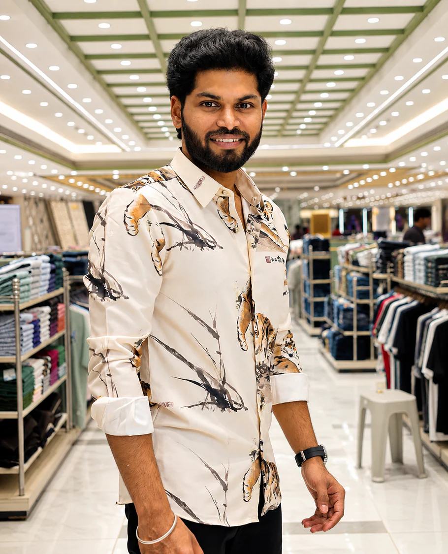 Cream Cotton-Blended Casual Shirt, Creatively Designed with a Tiger Motif Print, Featuring a Spread Collar, Full Sleeves, Slim Fit, and Regular Length - Image 4