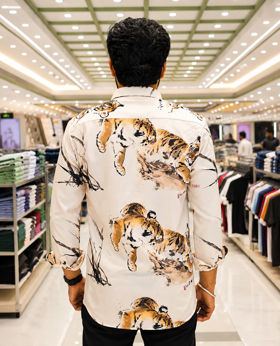Cream Cotton-Blended Casual Shirt, Creatively Designed with a Tiger Motif Print, Featuring a Spread Collar, Full Sleeves, Slim Fit, and Regular Length - Image 5