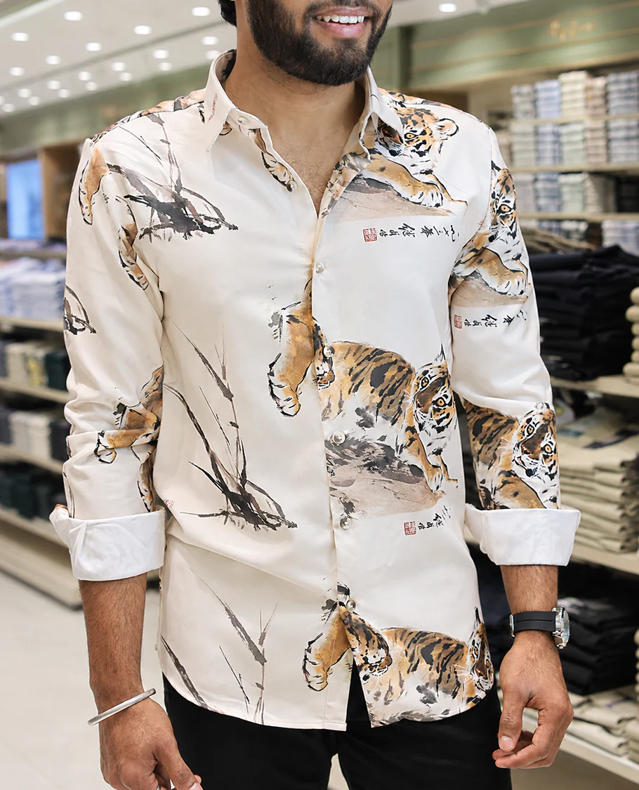 Cream Cotton-Blended Casual Shirt, Creatively Designed with a Tiger Motif Print, Featuring a Spread Collar, Full Sleeves, Slim Fit, and Regular Length - Image 6