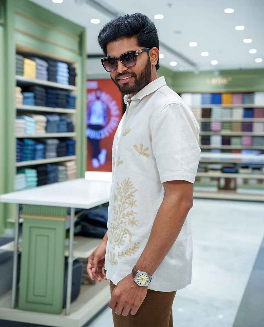 Cream Cotton-Blended Casual Shirt, Enthralled with Floral-Themed Crochet Embroidery, Featuring a Spread Collar, Half Sleeves, Regular Fit, and Regular Length - Image 4