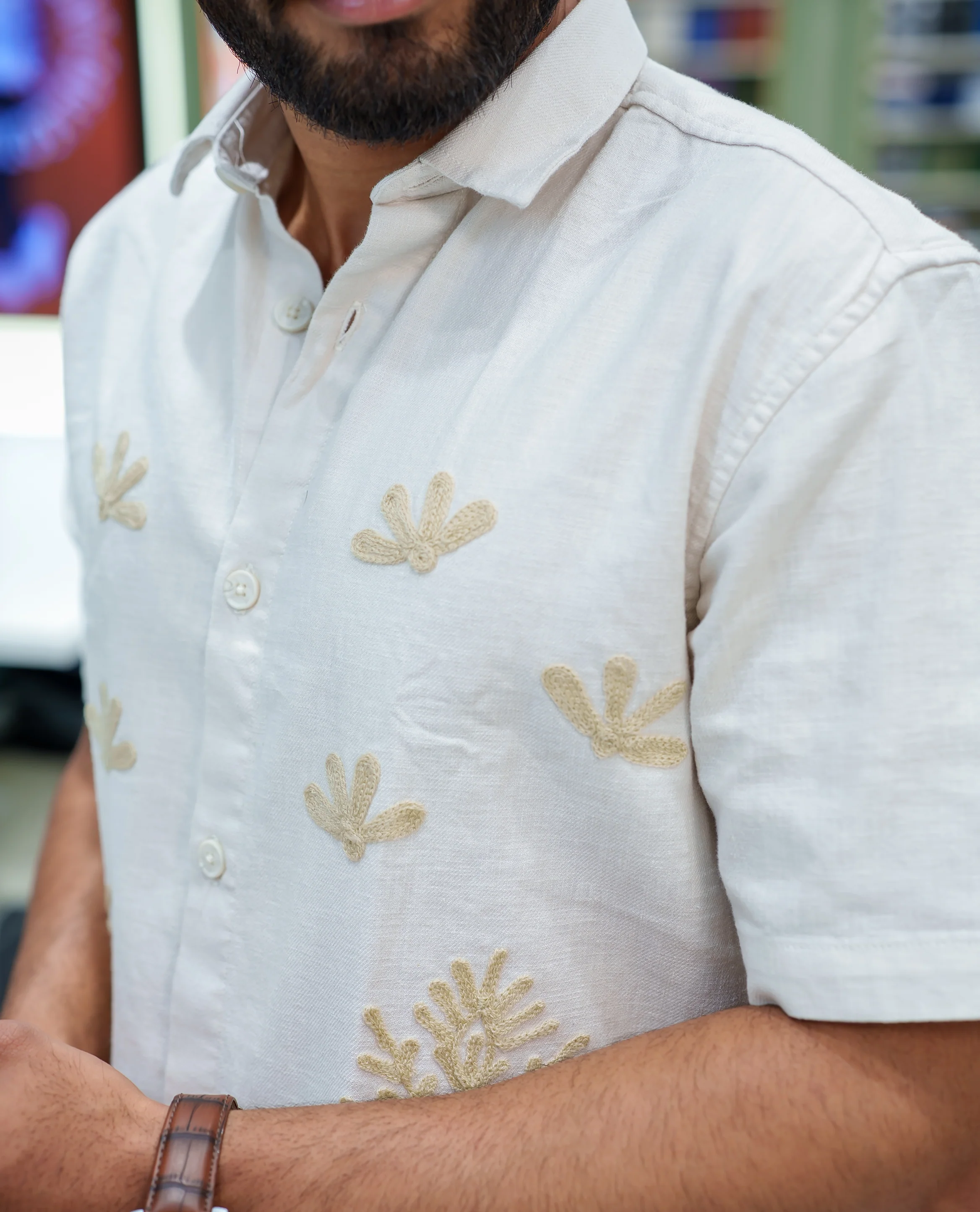 Cream Cotton-Blended Casual Shirt, Enthralled with Floral-Themed Crochet Embroidery, Featuring a Spread Collar, Half Sleeves, Regular Fit, and Regular Length - Image 6