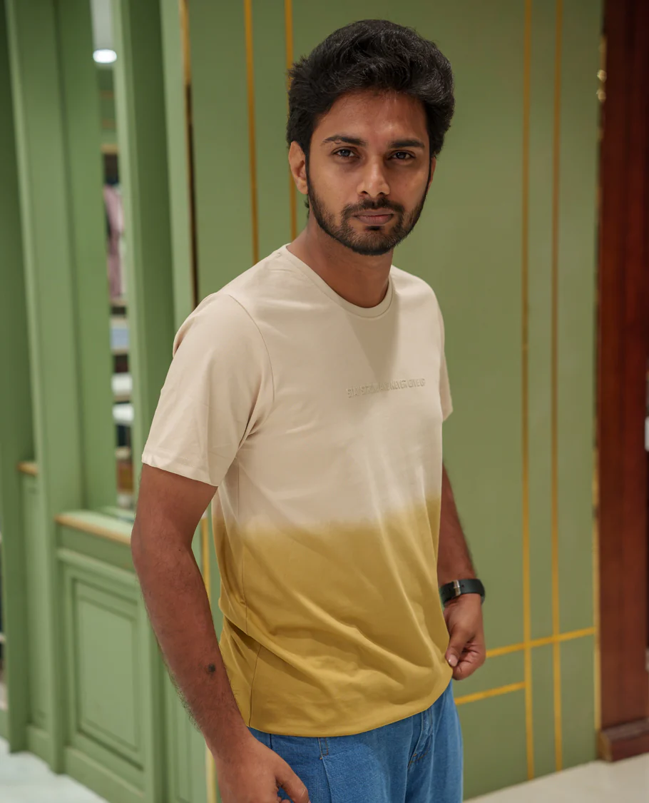 Cream Cotton-Blended Ombre-Dyed T-Shirt Comes with Typographic Print, Crew Neck, Half Sleeves, Slim Fit, and Regular Length - Image 4
