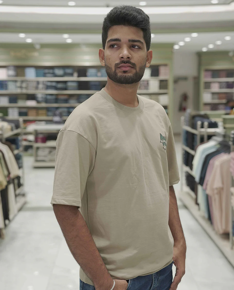 Cream Cotton-Blended Oversized T-Shirt, Elevated with Multi-Color Funky Motifs Front and Back Print, Comes with a Crew-Neck, Half-Sleeves, and Long Length - Image 4