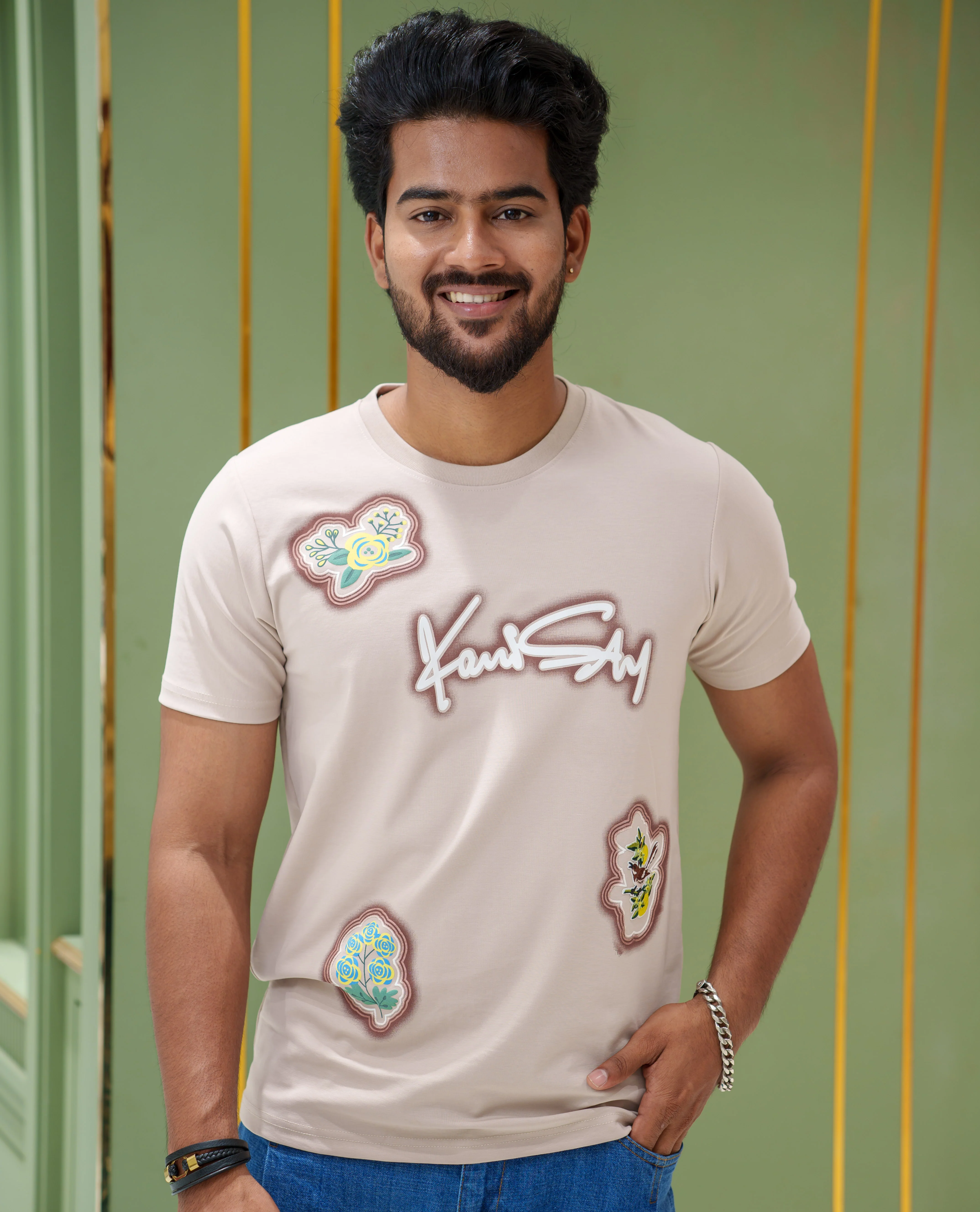 Cream Cotton-Blended T-Shirt, Comes with a Unique Motif Print, a Crew Neck, Half Sleeves, Slim Fit, and Regular Length
