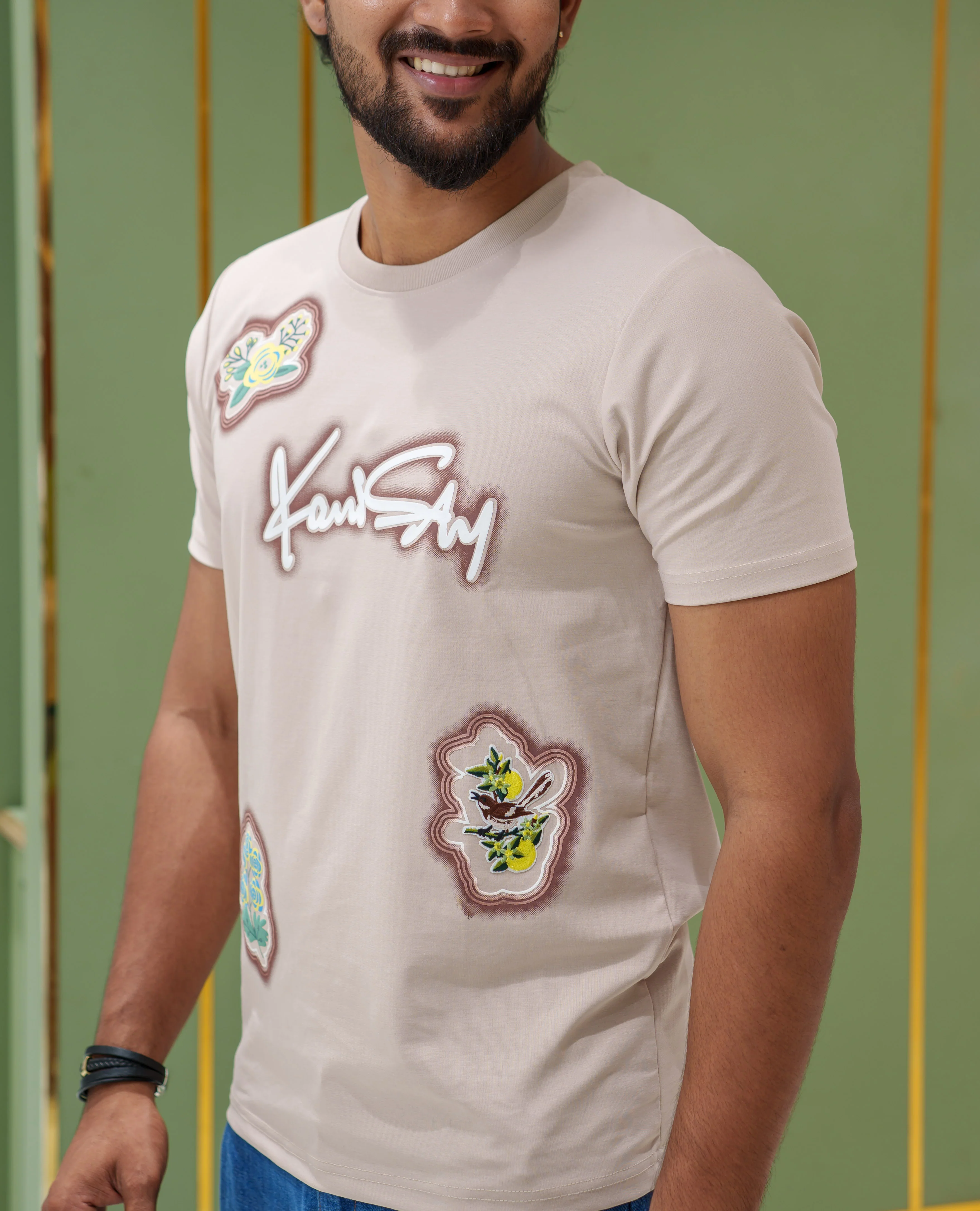 Cream Cotton-Blended T-Shirt, Comes with a Unique Motif Print, a Crew Neck, Half Sleeves, Slim Fit, and Regular Length - Image 5