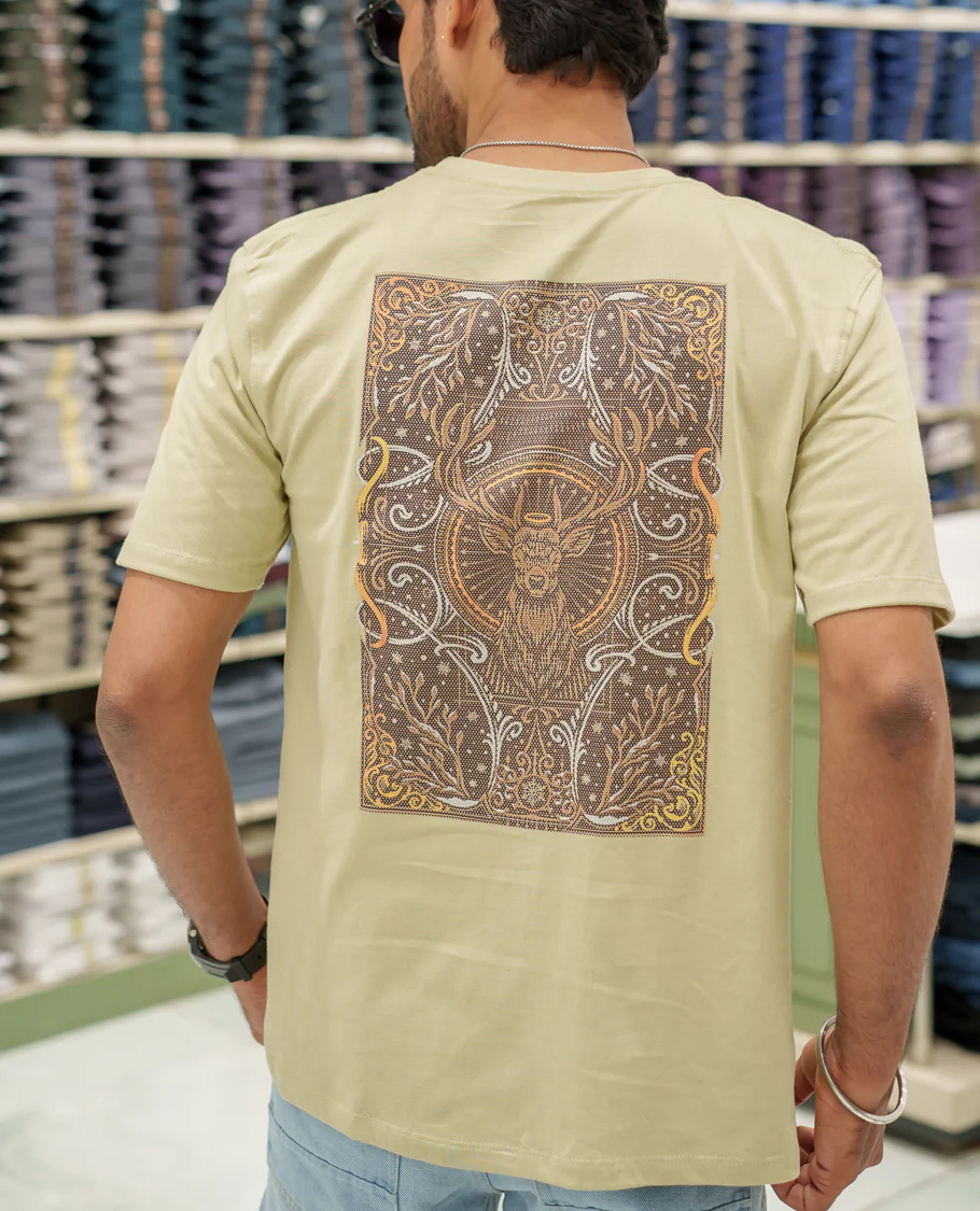 Cream Cotton-Blended T-Shirt Comes with an Deer-Motifs Back Print, Crew Neck, Half Sleeves, Oversized Fit, and Regular Length - Image 2