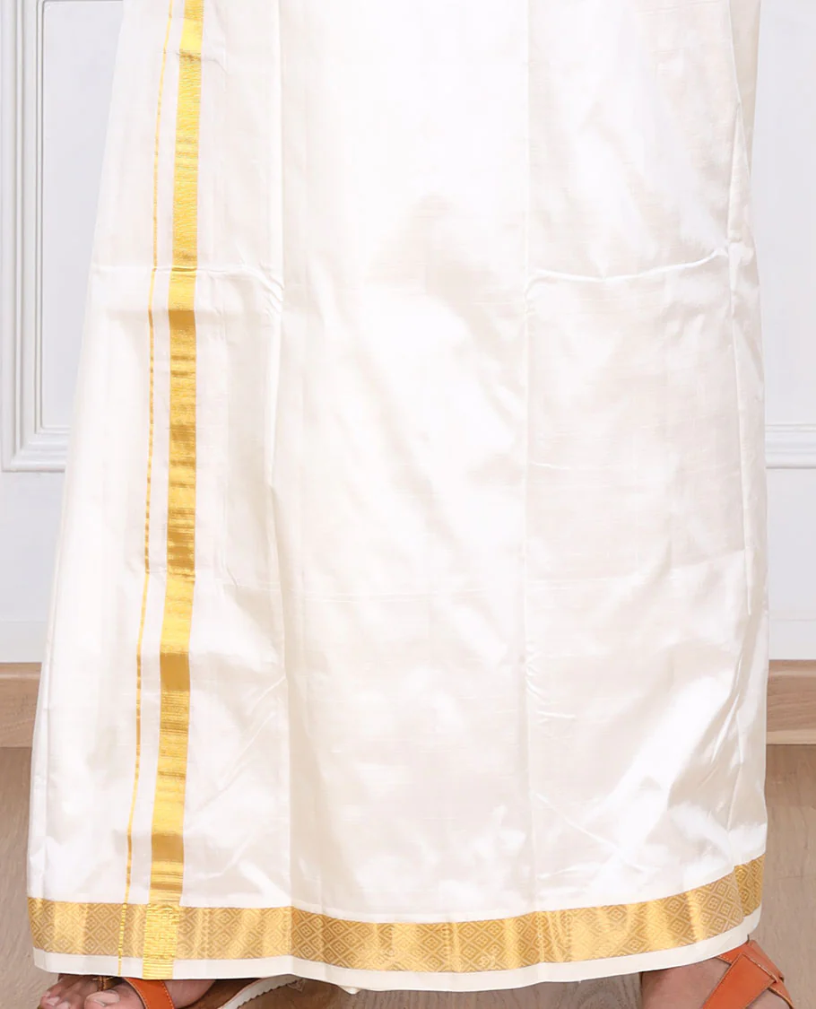 Cream diamond design zari border pure silk kancheepuram wedding double-layer dhoti - Image 3