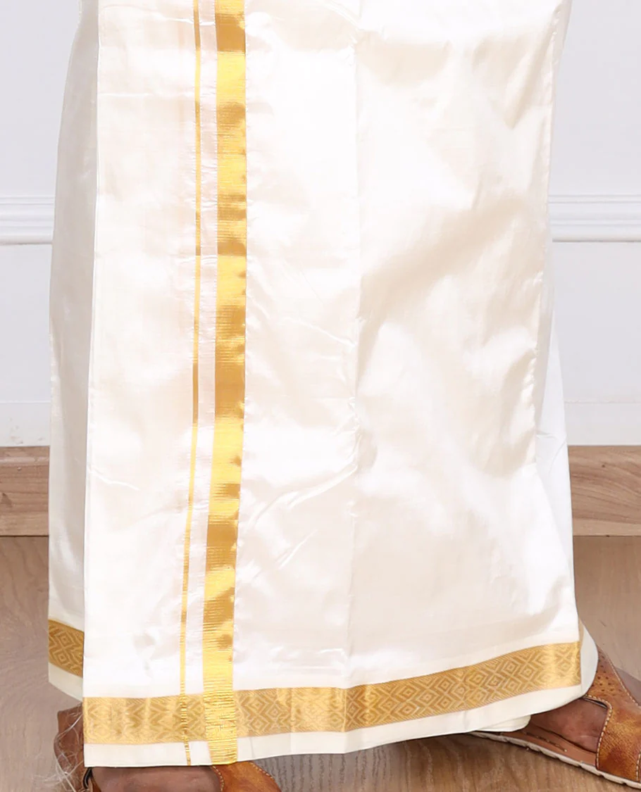 Cream diamond zari border pure silk kancheepuram wedding double-layer dhoti - Image 3