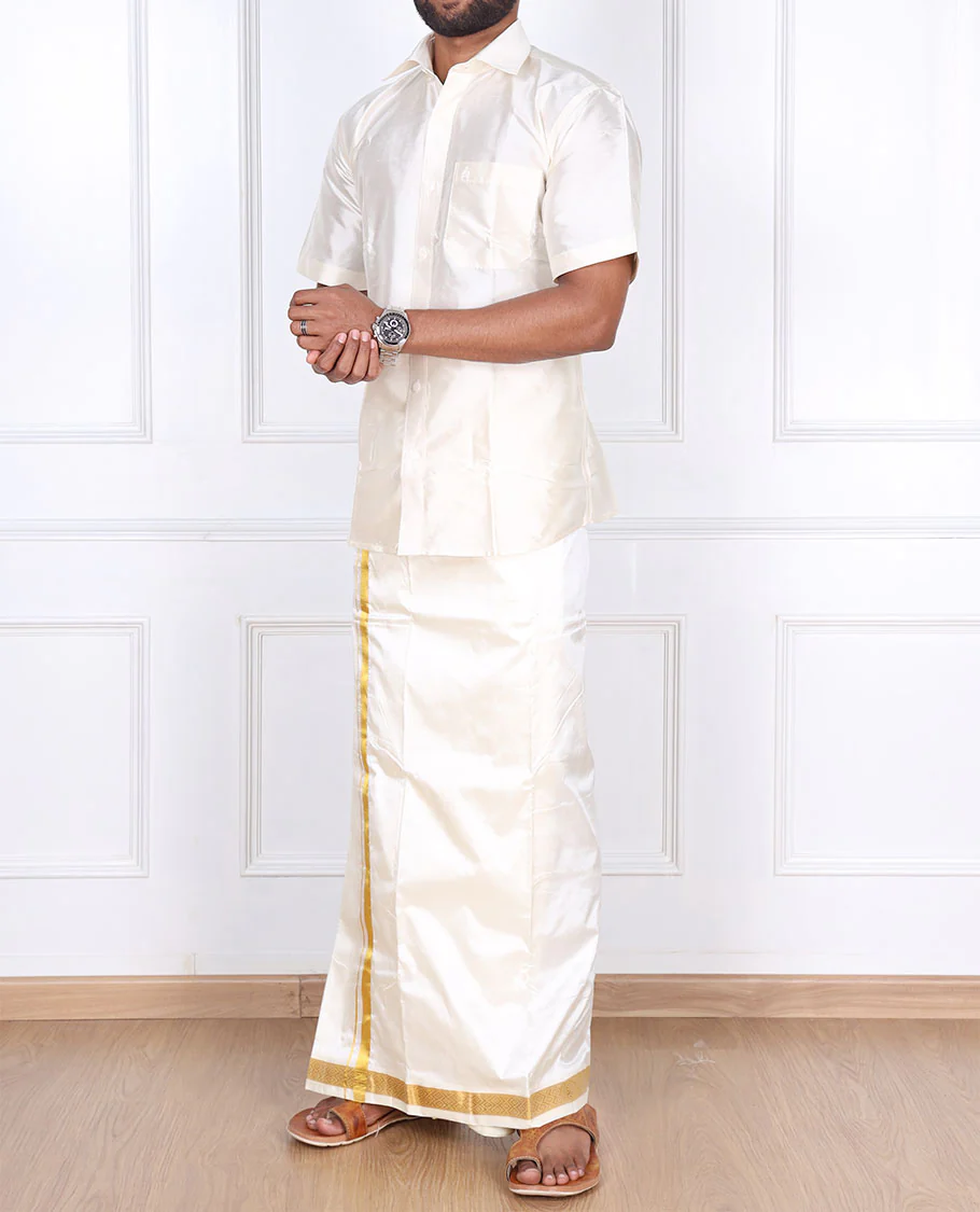 Cream diamond zari border pure silk kancheepuram wedding double-layer dhoti - Image 4