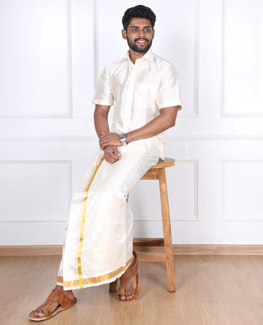 Cream diamond zari border pure silk kancheepuram wedding double-layer dhoti - Image 5