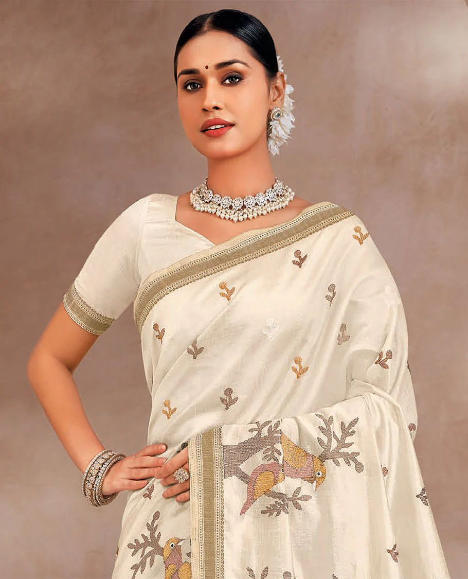 Cream floral buttas and birds on the branches motifs embroidered designer saree, self-border, and pallu - Image 2