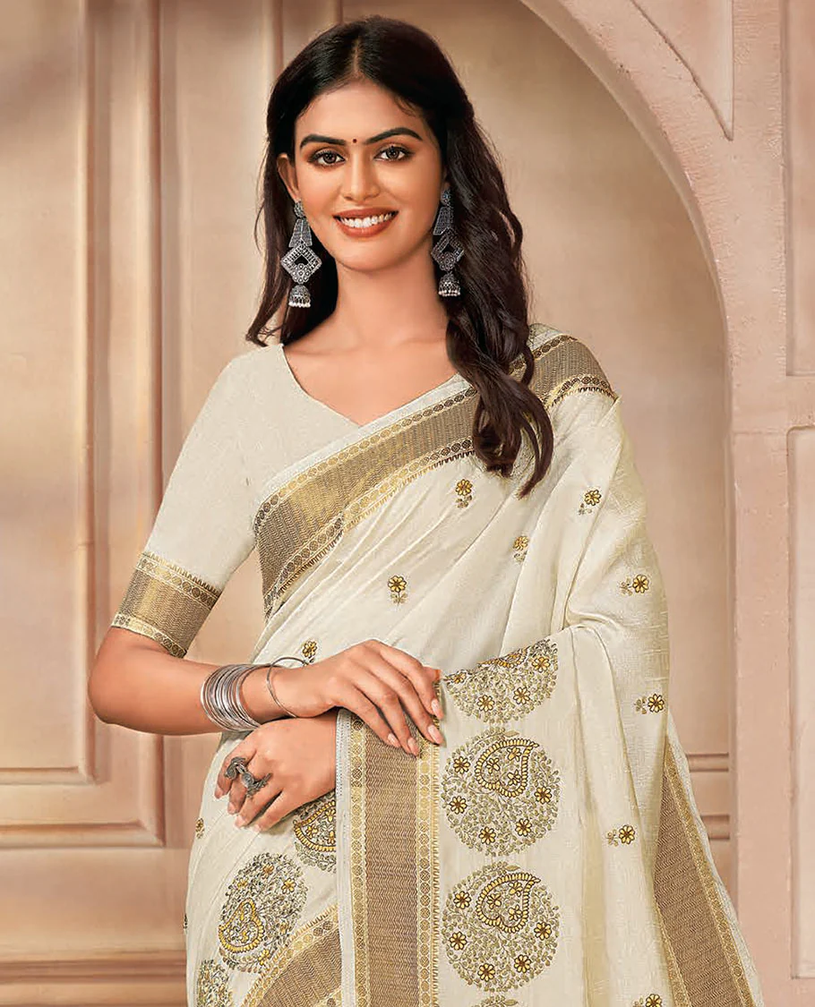 Cream floral buttas and round motifs embroidered designer saree, traditional border, and striped pallu - Image 2