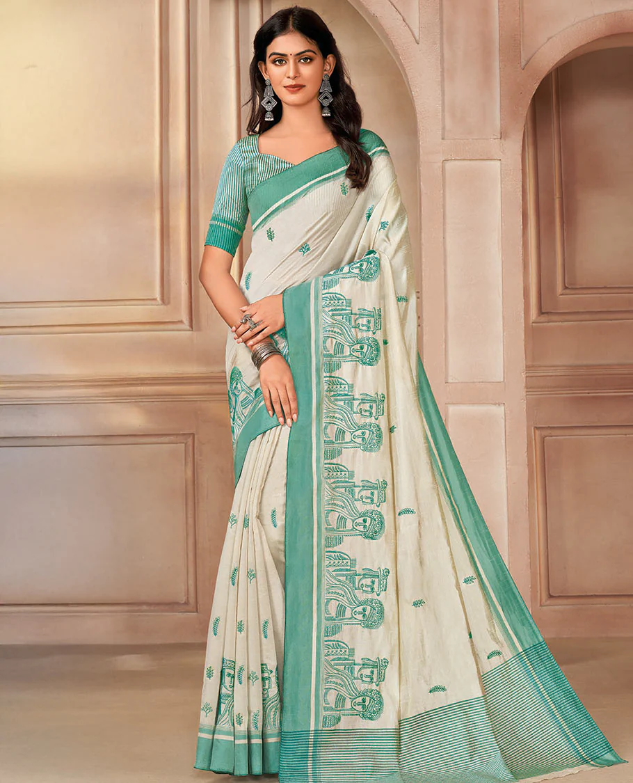 Cream floral motifs and human figurines embroidered designer saree, contrast plain border, and pallu of stripes