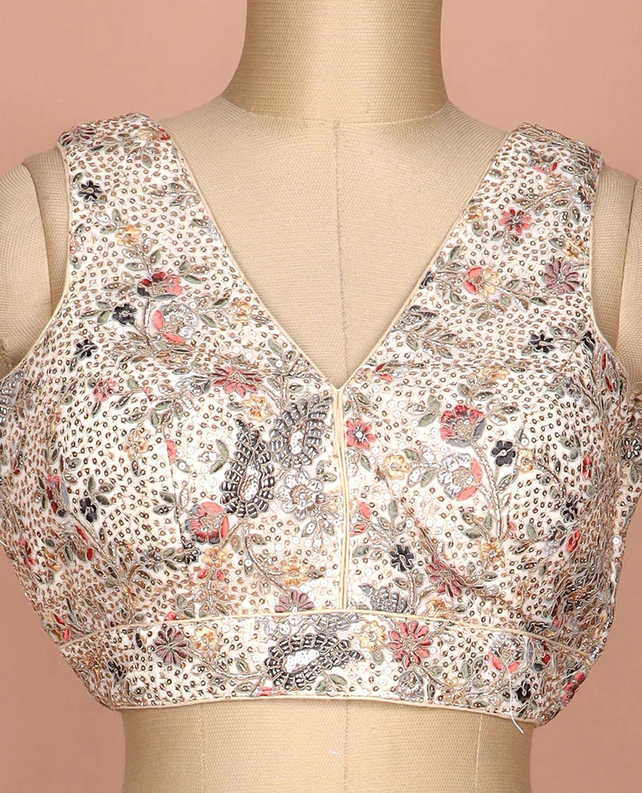 Cream floral sequins embroidered V-neck sleeveless raw silk readymade blouse - Image 3