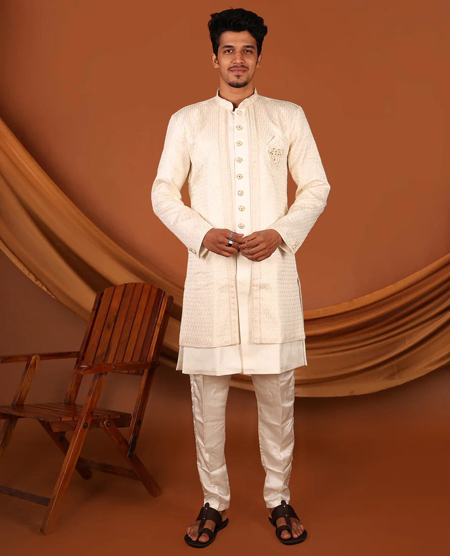 Cream Geometric-Themed Sequins Embroidered Full-Sleeved Men's Kurta Comes with Matching Pants