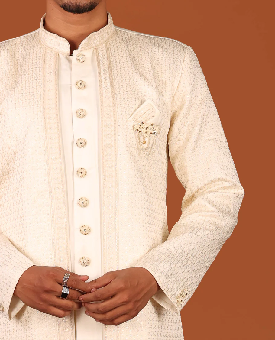 Cream Geometric-Themed Sequins Embroidered Full-Sleeved Men's Kurta Comes with Matching Pants - Image 2