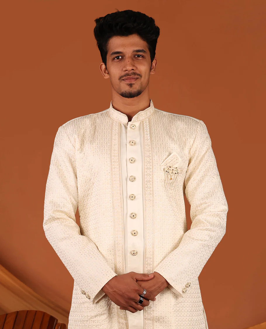 Cream Geometric-Themed Sequins Embroidered Full-Sleeved Men's Kurta Comes with Matching Pants - Image 3
