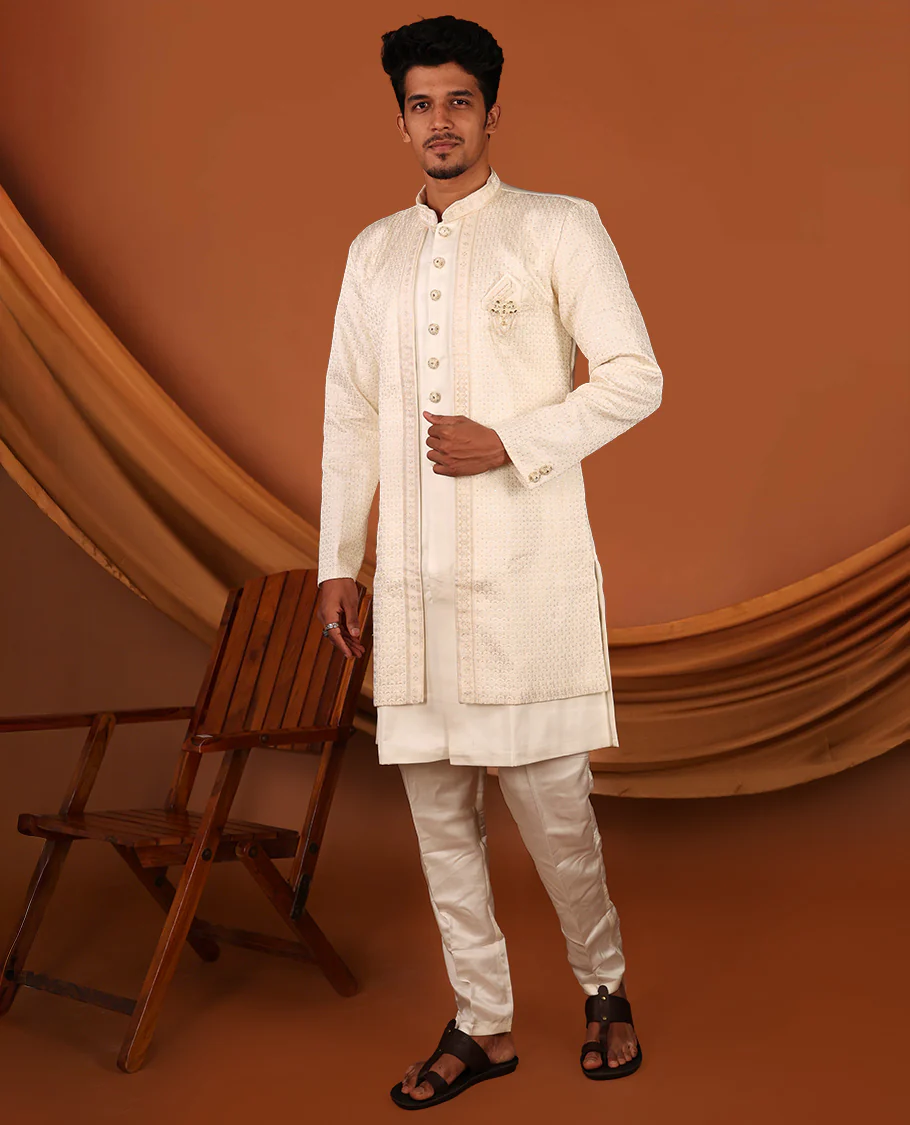 Cream Geometric-Themed Sequins Embroidered Full-Sleeved Men's Kurta Comes with Matching Pants - Image 4
