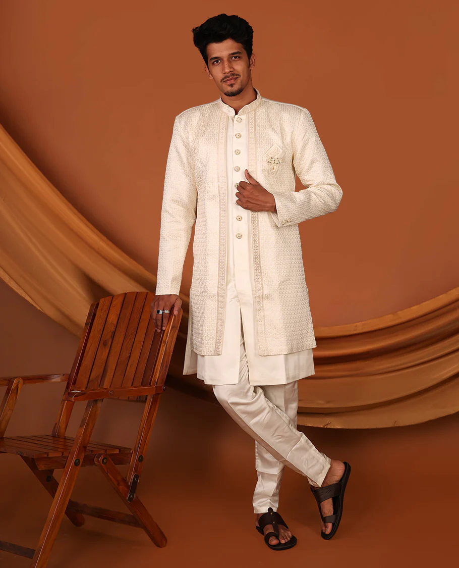 Cream Geometric-Themed Sequins Embroidered Full-Sleeved Men's Kurta Comes with Matching Pants - Image 5