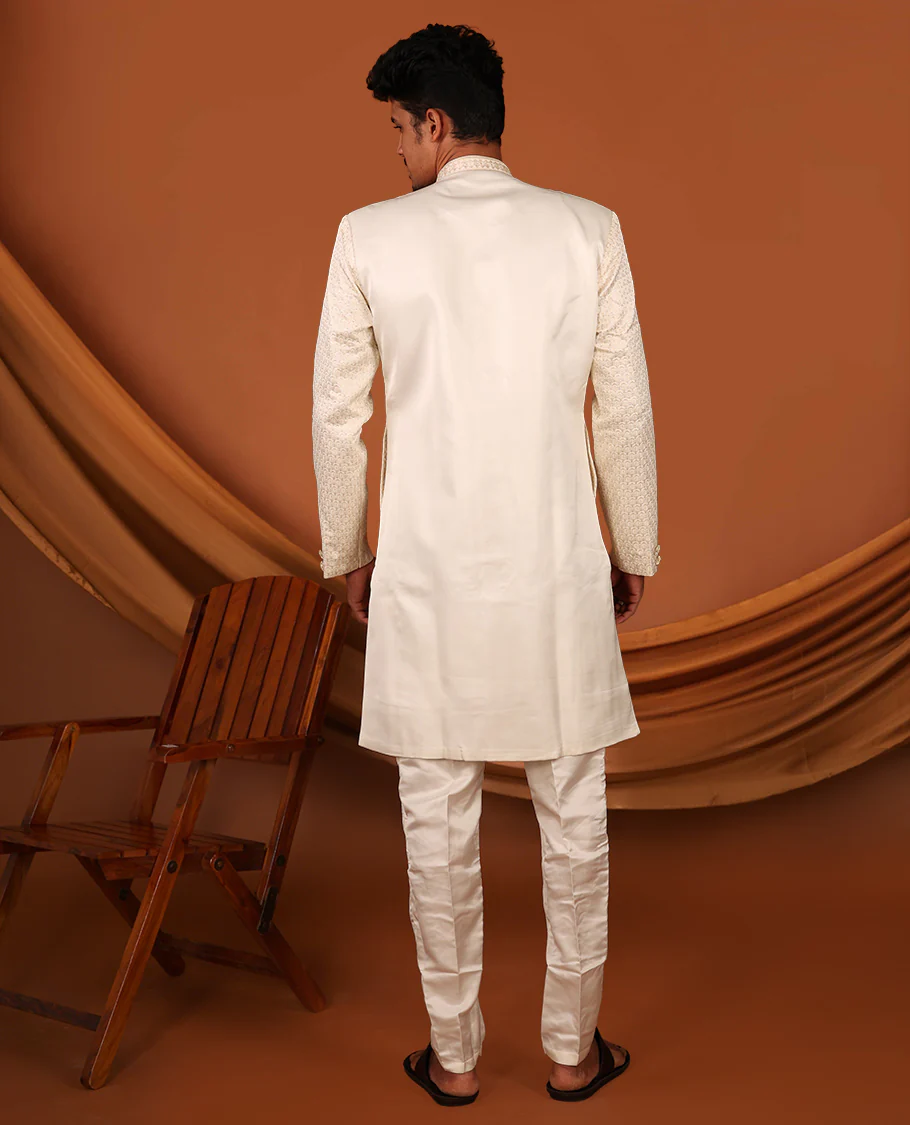 Cream Geometric-Themed Sequins Embroidered Full-Sleeved Men's Kurta Comes with Matching Pants - Image 6