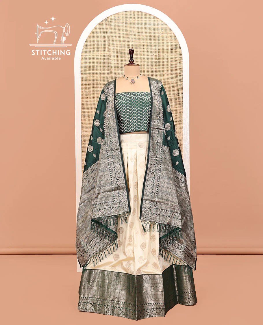 Cream-Green Art Silk Half Saree, Embellished with Zari Buttas Skirt, Contrast Traditional Border, Jacquard Blouse, and a Contrast Banaras Dhavani - Image 2