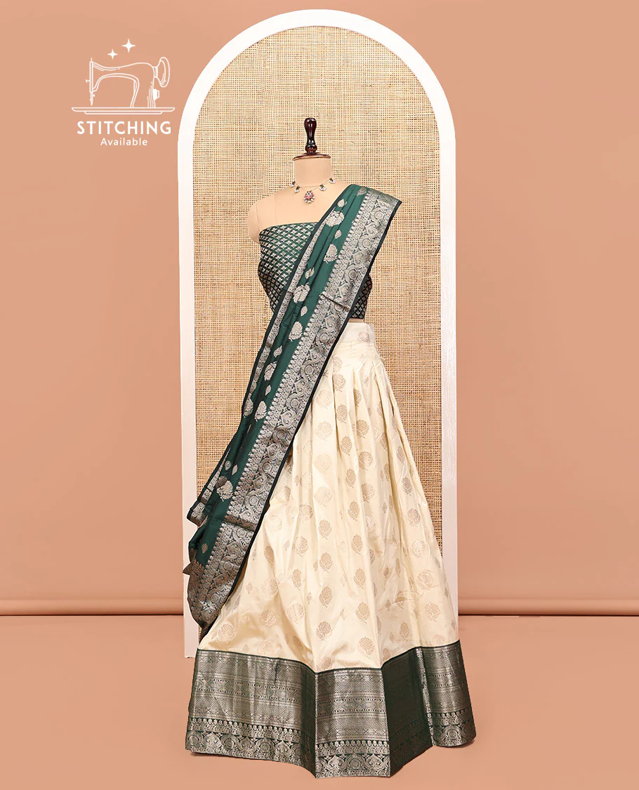 Cream-Green Art Silk Half Saree, Embellished with Zari Buttas Skirt, Contrast Traditional Border, Jacquard Blouse, and a Contrast Banaras Dhavani - Image 3