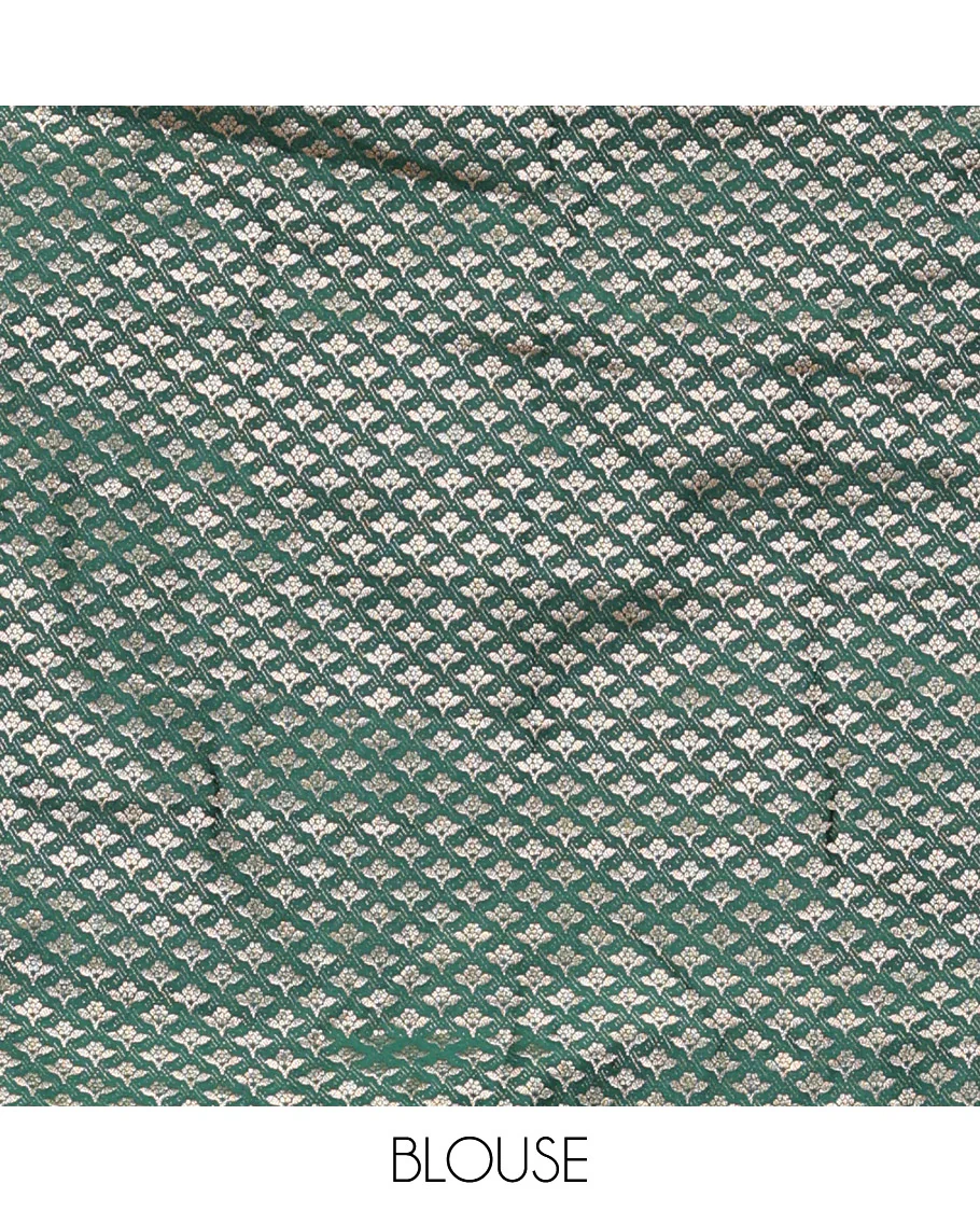 Cream-Green Art Silk Half Saree, Embellished with Zari Buttas Skirt, Contrast Traditional Border, Jacquard Blouse, and a Contrast Banaras Dhavani - Image 4