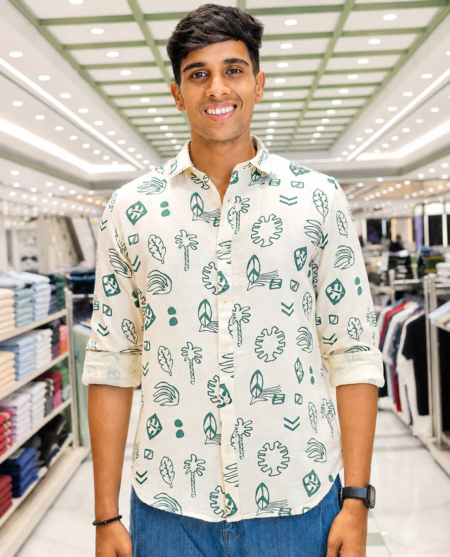 Cream-Green Cotton-Blended Casual Shirt, Uniquely Printed with Tropical Flora-Theme Motifs, Featuring a Spread Collar, Full Sleeves, Slim Fit, and Regular Length