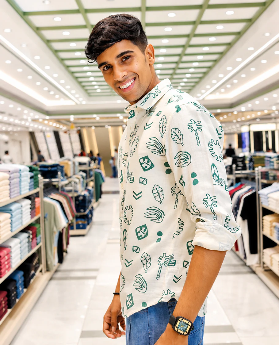 Cream-Green Cotton-Blended Casual Shirt, Uniquely Printed with Tropical Flora-Theme Motifs, Featuring a Spread Collar, Full Sleeves, Slim Fit, and Regular Length - Image 2