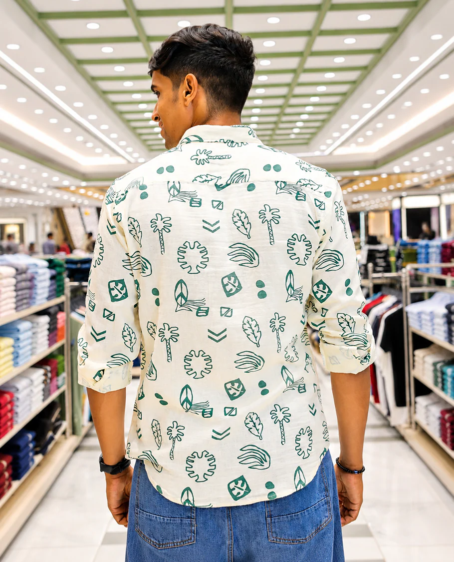 Cream-Green Cotton-Blended Casual Shirt, Uniquely Printed with Tropical Flora-Theme Motifs, Featuring a Spread Collar, Full Sleeves, Slim Fit, and Regular Length - Image 3