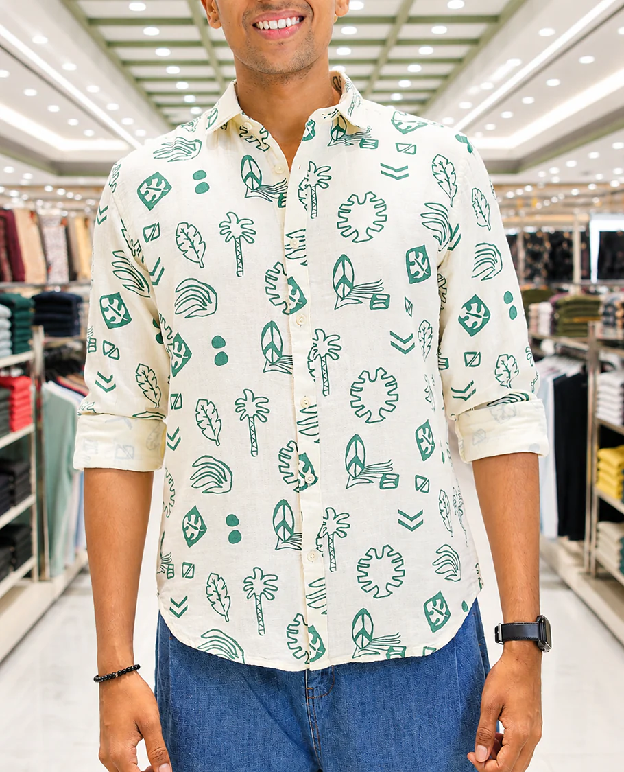 Cream-Green Cotton-Blended Casual Shirt, Uniquely Printed with Tropical Flora-Theme Motifs, Featuring a Spread Collar, Full Sleeves, Slim Fit, and Regular Length - Image 4