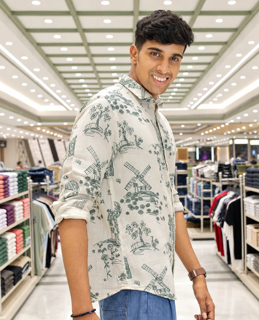 Cream-Green Cotton-Blended Casual Shirt, with Flora and Windmill Prints, Featuring a Spread Collar, Full Sleeves, Slim Fit, and Regular Length - Image 2