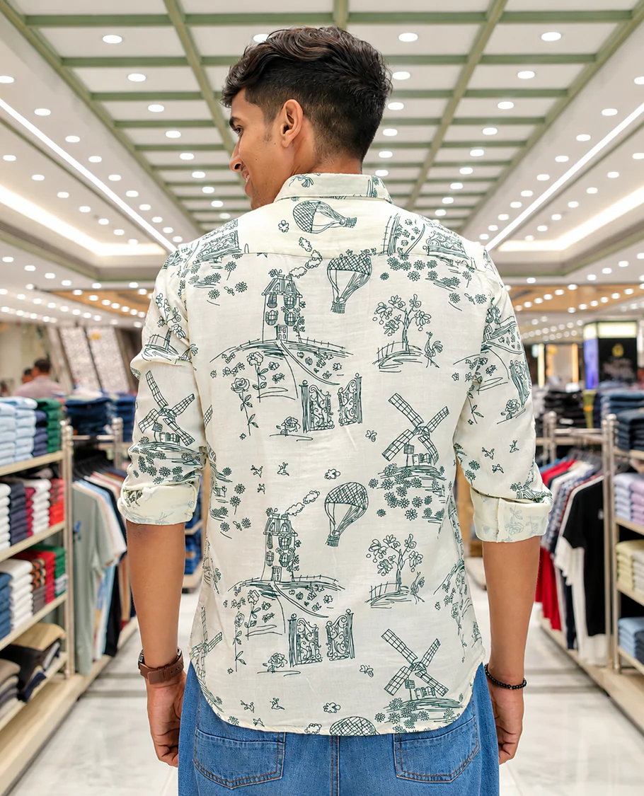 Cream-Green Cotton-Blended Casual Shirt, with Flora and Windmill Prints, Featuring a Spread Collar, Full Sleeves, Slim Fit, and Regular Length - Image 3