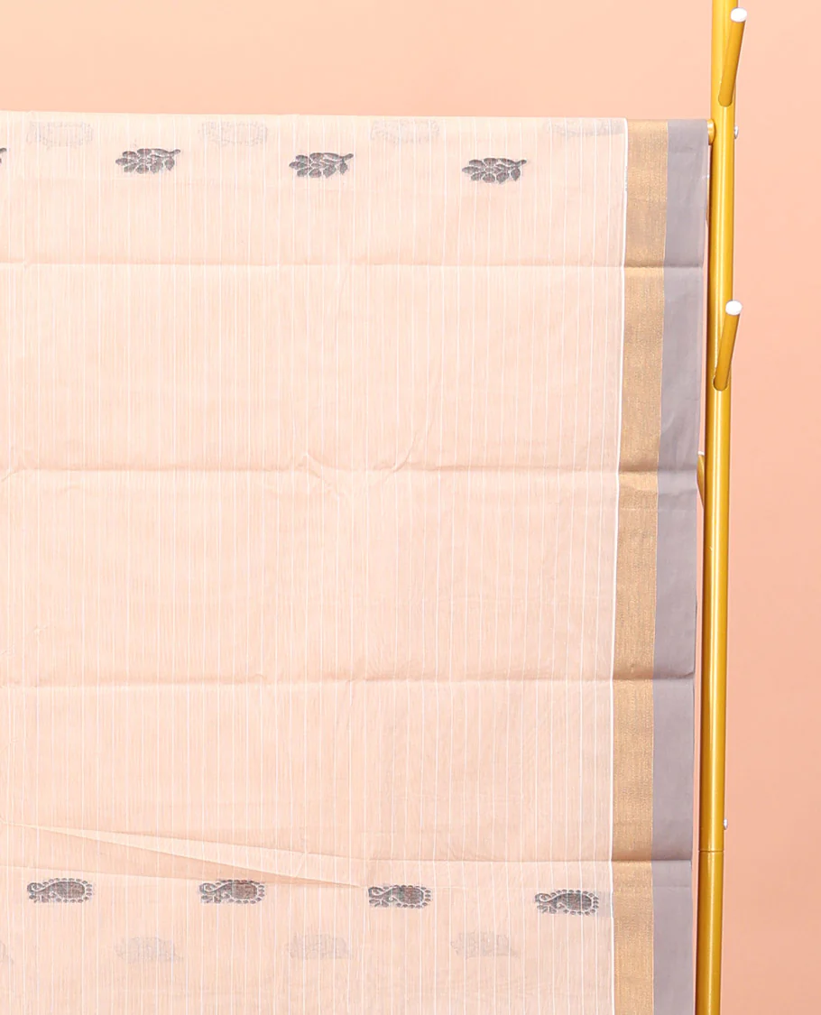 Cream Kanchi Cotton Saree, Bedecked with Buttas and Stripes All Over Its Body, Complemented by Contrast Border, Ogee Patterned Pallu, and Paired with a Matching Blouse - Image 2