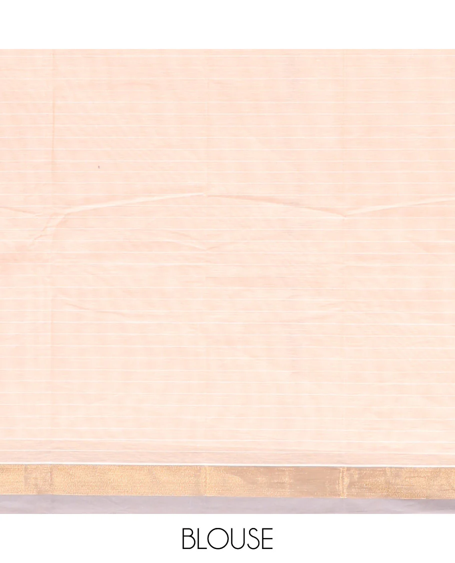 Cream Kanchi Cotton Saree, Bedecked with Buttas and Stripes All Over Its Body, Complemented by Contrast Border, Ogee Patterned Pallu, and Paired with a Matching Blouse - Image 4