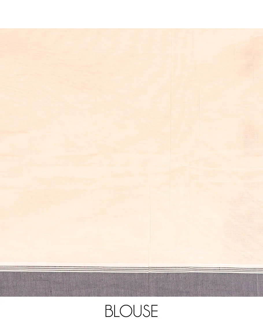 Cream Kanchi Cotton Saree, Embellished with Leaf Buttas All Over Its Body, Complemented by Contrast Border, Pallu of Intricate Designs, and Paired with a Matching Blouse - Image 3