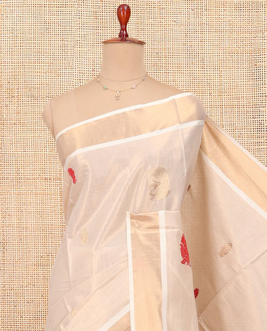 Cream Kerala Cotton Saree, Accentuated with Thread and Zari Buttas All Over Its Body, a Zari Bavanji Border, Pallu of Elephant Designs, and Paired with a Matching Blouse - Image 2