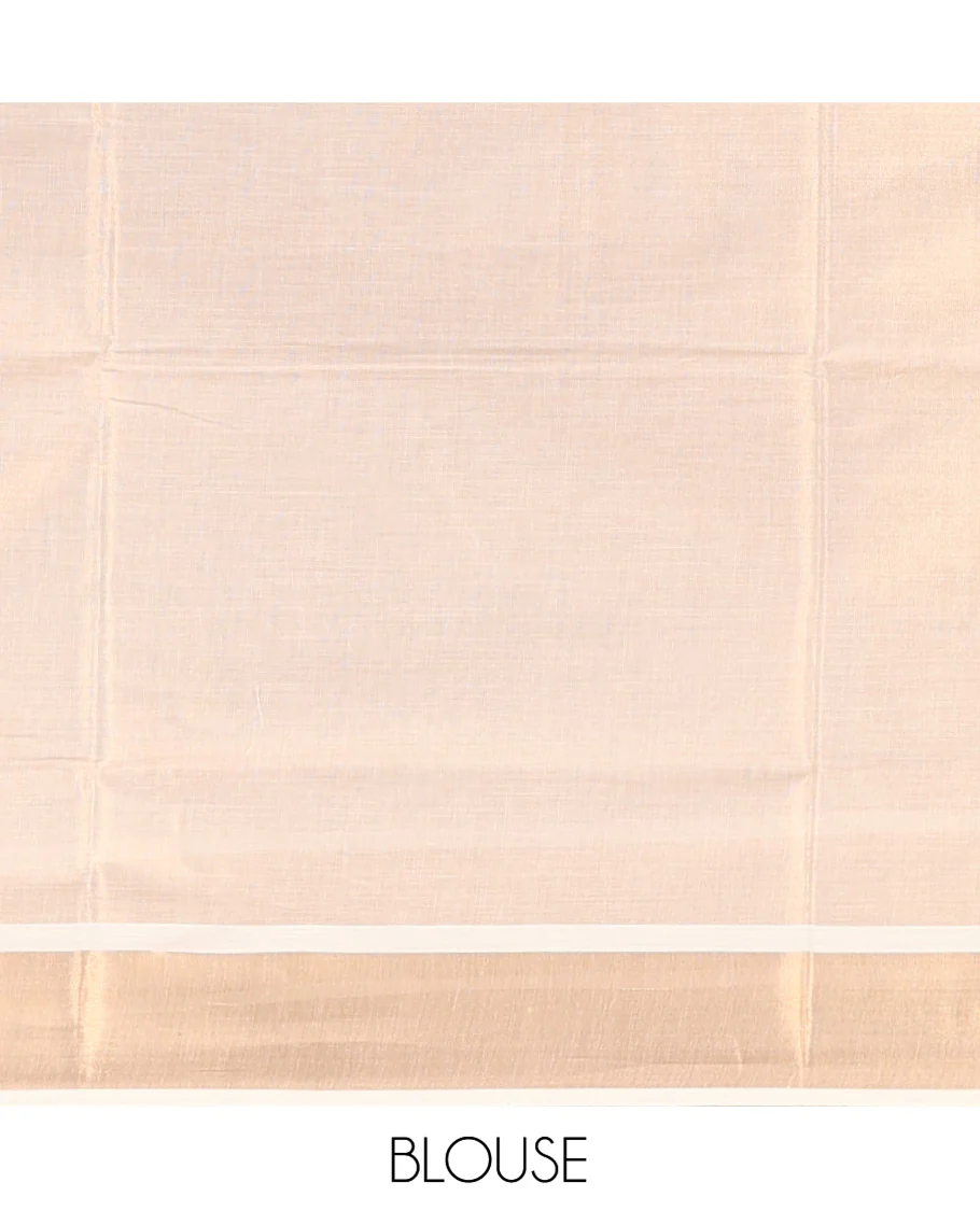 Cream Kerala Cotton Saree, Accentuated with Thread and Zari Buttas All Over Its Body, a Zari Bavanji Border, Pallu of Elephant Designs, and Paired with a Matching Blouse - Image 3