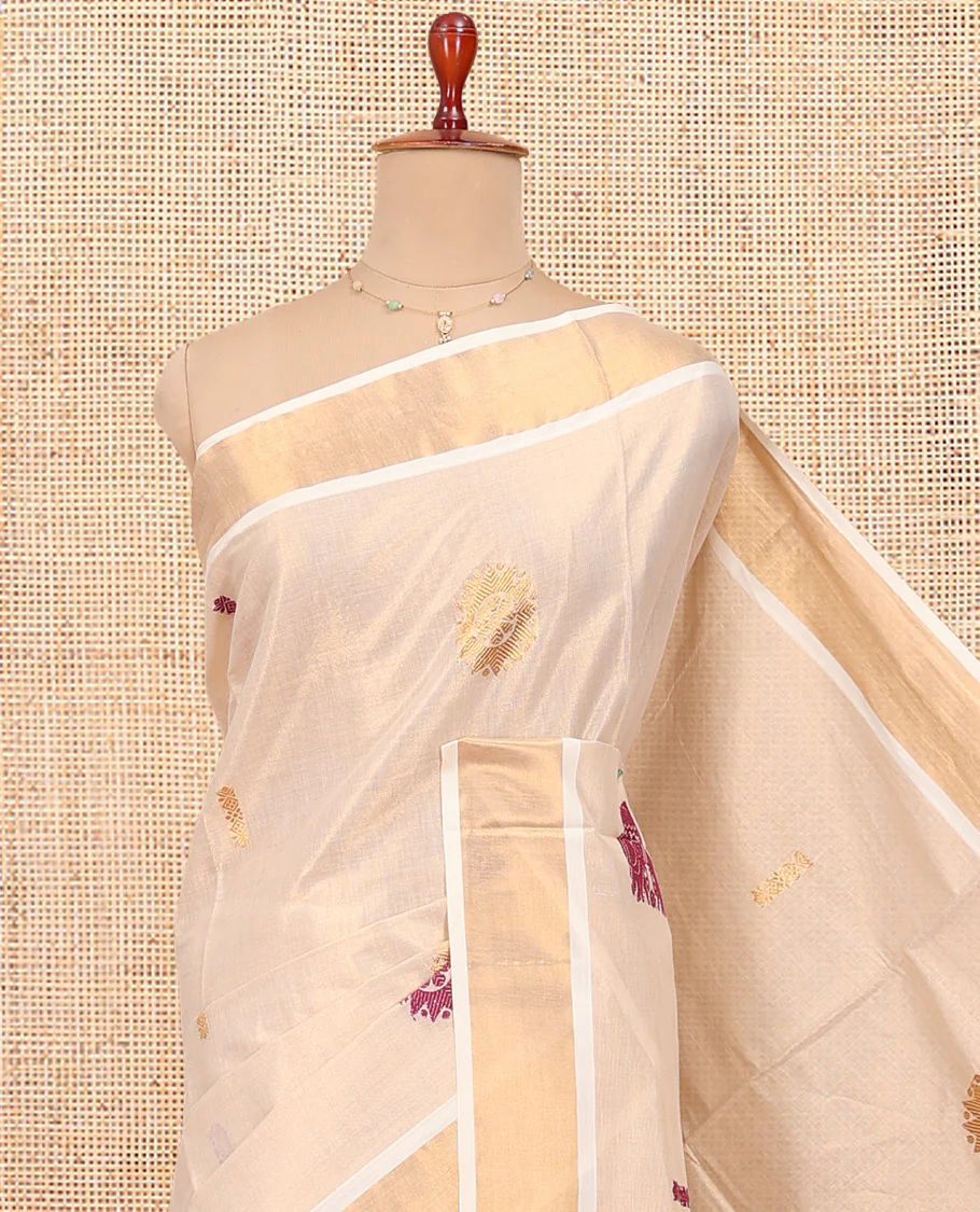 Cream Kerala Cotton Saree, Accentuated with Thread and Zari Buttas All Over Its Body, a Zari Bavanji Border, Pallu of Elephant Designs, and Paired with a Matching Blouse - Image 2