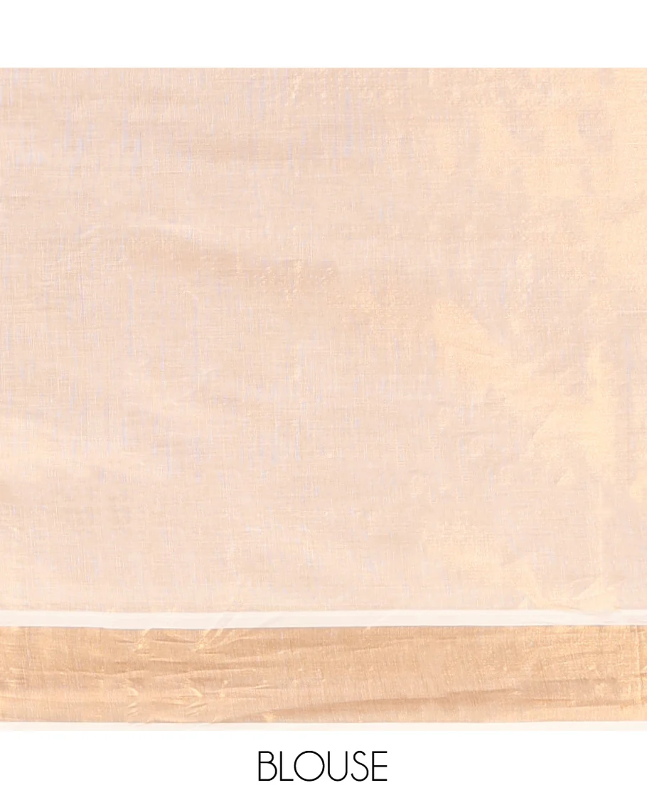 Cream Kerala Cotton Saree, Accentuated with Thread and Zari Buttas All Over Its Body, a Zari Bavanji Border, Pallu of Elephant Designs, and Paired with a Matching Blouse - Image 3