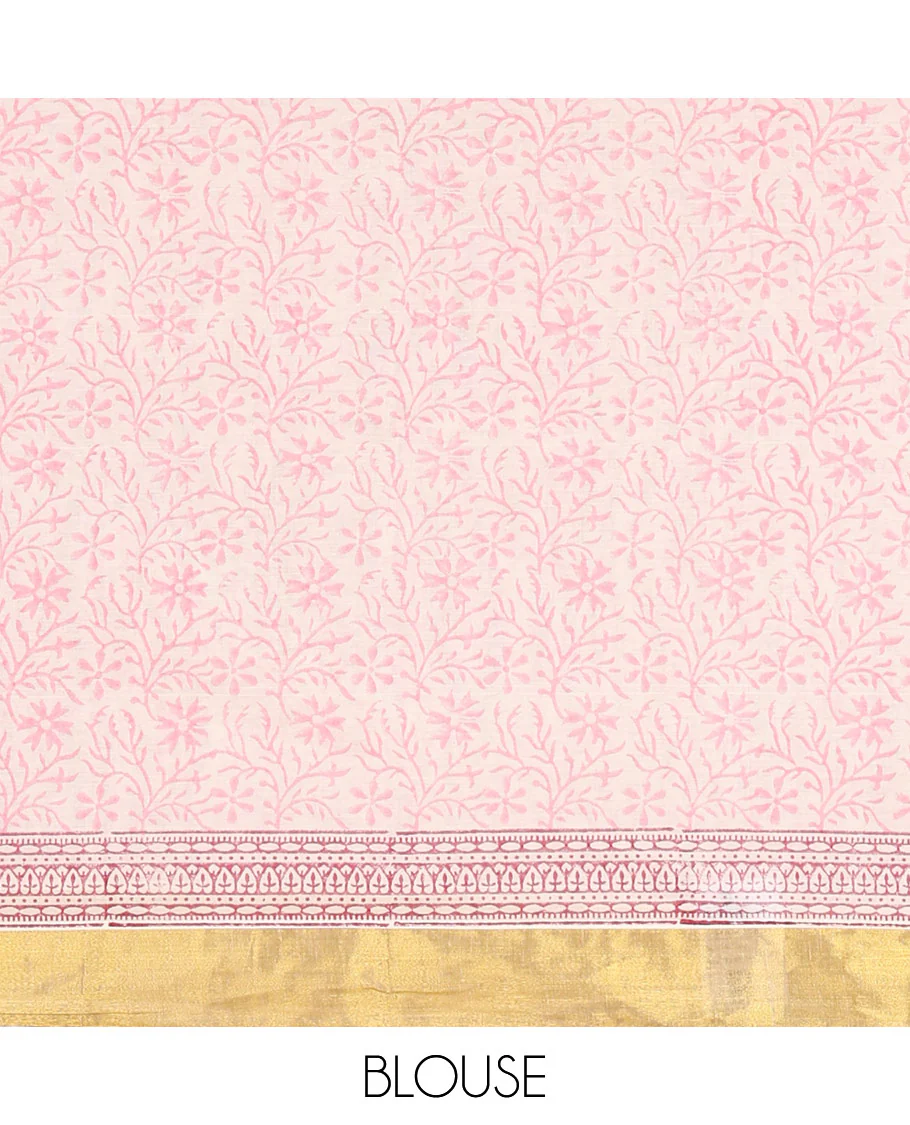 Cream Kerala Cotton Saree, Adorned with Floral Buttas All Over Its Body, Highlighted by Golden Zari Border, Pallu Depicts the Same Floral Print, and Paired with a Matching Floral Printed Blouse - Image 3